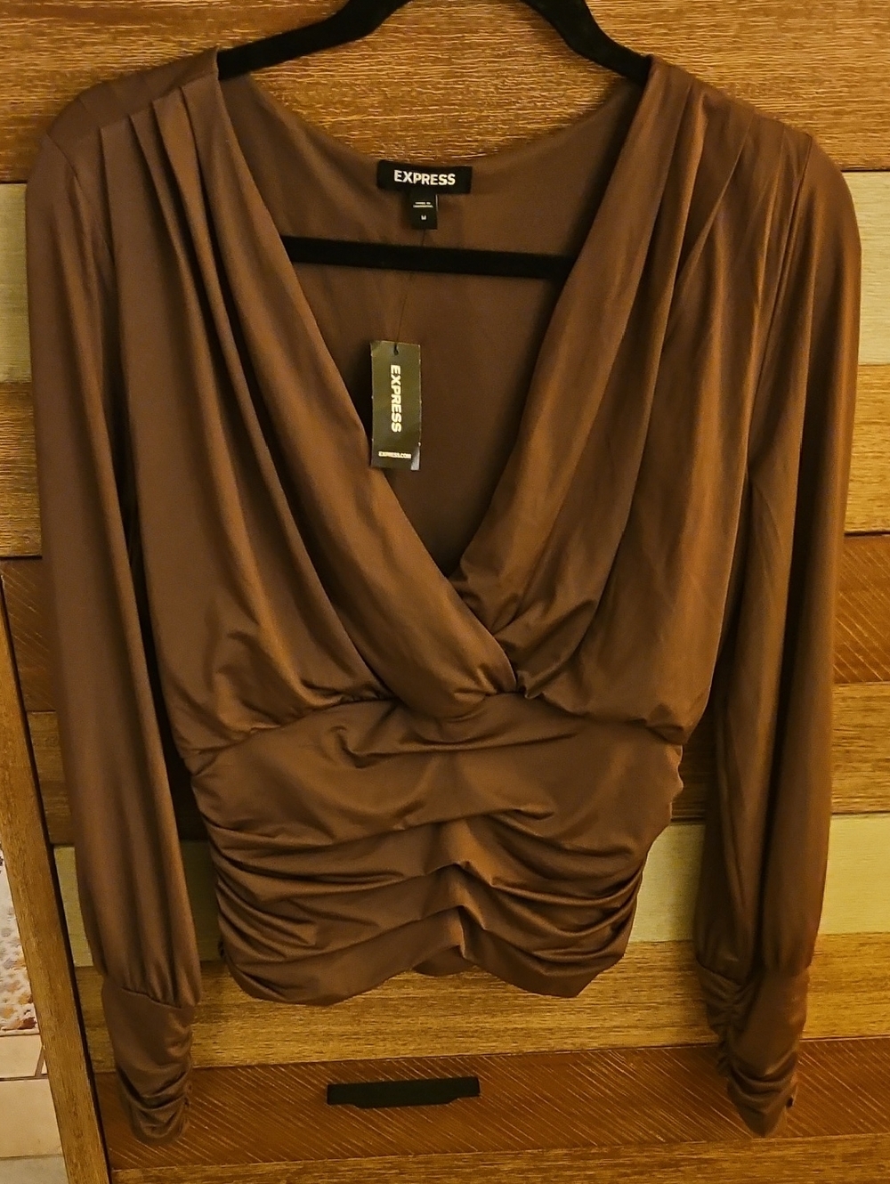 Express Brown Ruched Surplice Long Sleeve Top